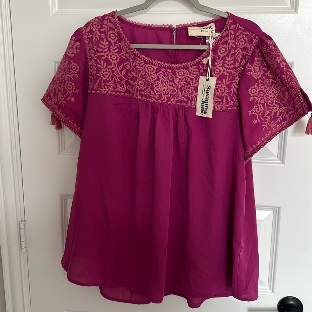 New, never worn, purple blouse with floral detail. Savanna Jane boutique